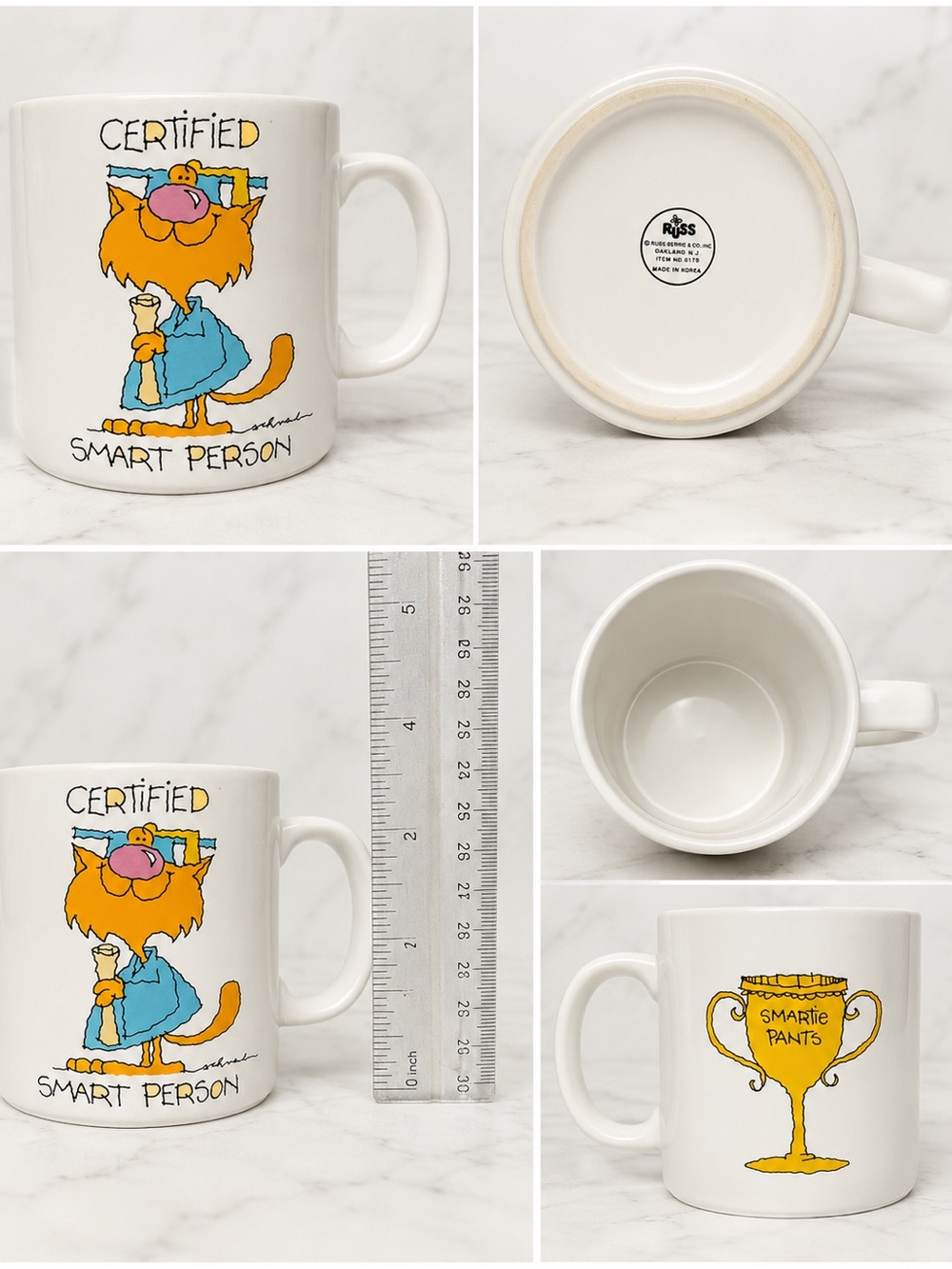 Vintage Russ Berrie Certified Smart Person Smartie Pants Cat Mug Made in Korea